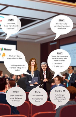 A dynamic scene at a corporate event with five characters each representing different software solutions: ESM, BMC, BMC Discovery, BMC Networks, Snow Software Asset Management, and BMC Control-M