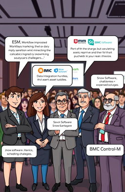A dynamic scene at a corporate event with five characters each representing different software solutions: ESM, BMC, BMC Discovery, BMC Networks, Snow Software Asset Management, and BMC Control-M