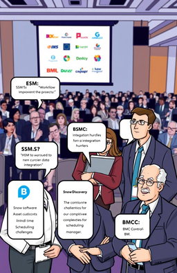 A dynamic scene at a corporate event with five characters each representing different software solutions: ESM, BMC, BMC Discovery, BMC Networks, Snow Software Asset Management, and BMC Control-M