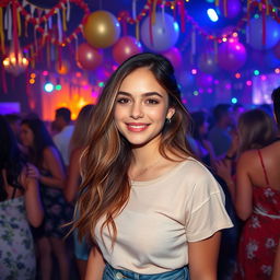 A vibrant party scene featuring a 23-year-old woman with a natural look
