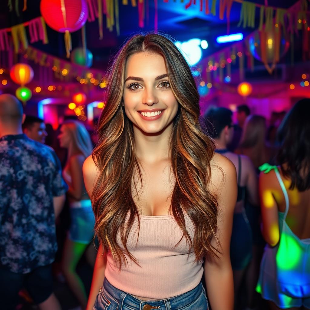 A vibrant party scene featuring a 23-year-old woman with a natural look