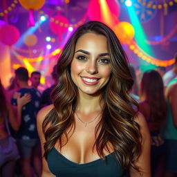 A vibrant party scene featuring a 23-year-old woman with a natural look
