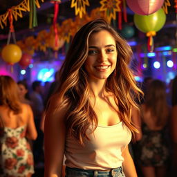 A vibrant party scene featuring a 23-year-old woman with a natural look