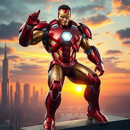 A powerful and heroic depiction of a muscular man transformed into Iron Man, featuring the iconic red and gold armored suit, glowing arc reactor in the chest, and a determined expression