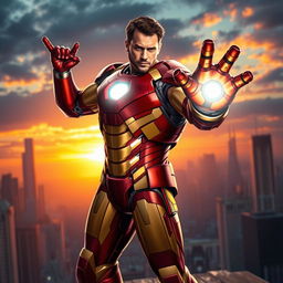 A powerful and heroic depiction of a muscular man transformed into Iron Man, featuring the iconic red and gold armored suit, glowing arc reactor in the chest, and a determined expression