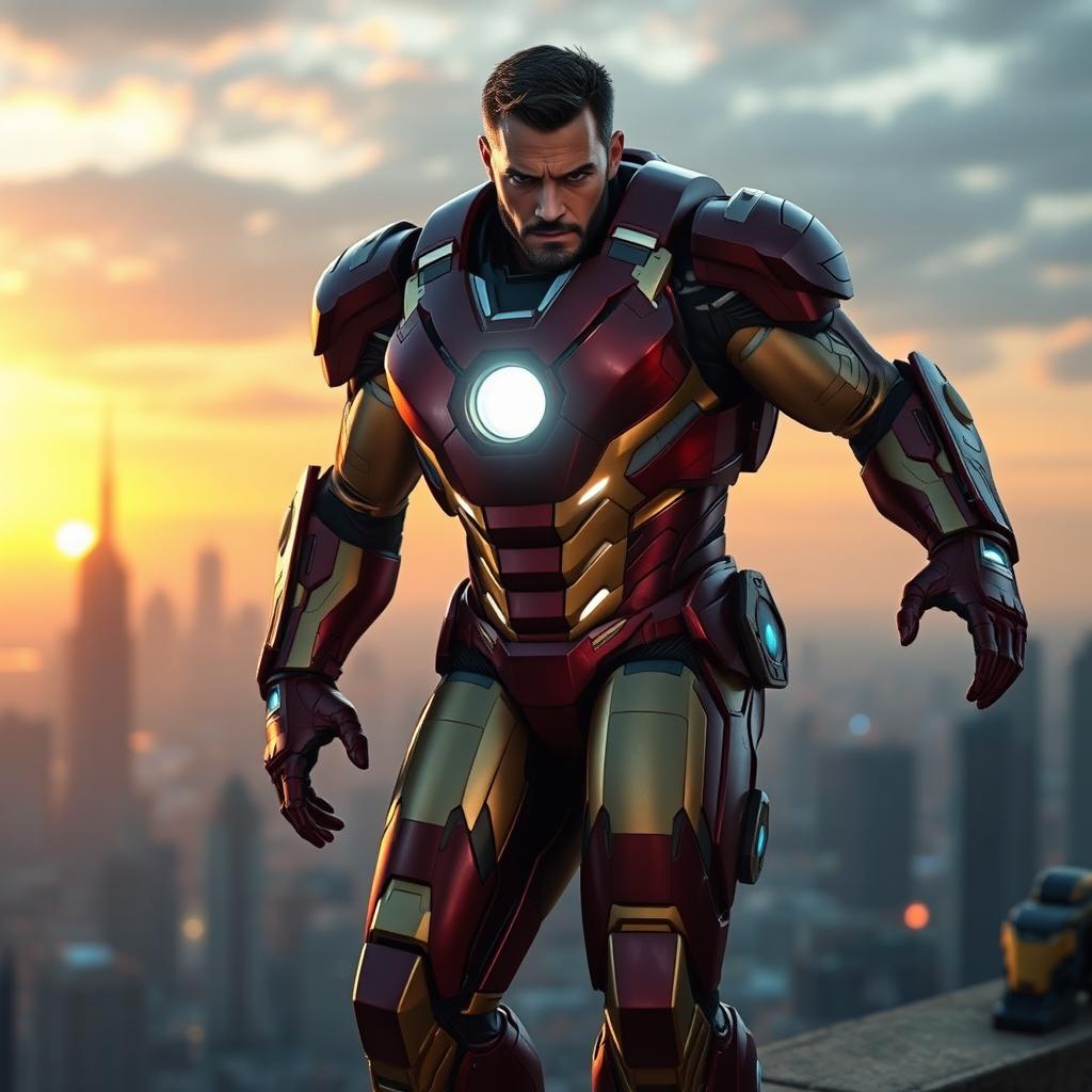 A powerful and heroic depiction of a muscular man transformed into Iron Man, featuring the iconic red and gold armored suit, glowing arc reactor in the chest, and a determined expression