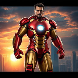 A powerful and heroic depiction of a muscular man transformed into Iron Man, featuring the iconic red and gold armored suit, glowing arc reactor in the chest, and a determined expression