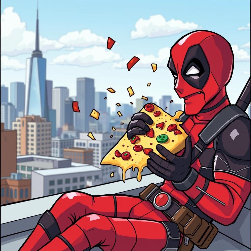 A humorous scene featuring Deadpool, the beloved comic book antihero in his iconic red and black costume, animatedly eating a large slice of pizza