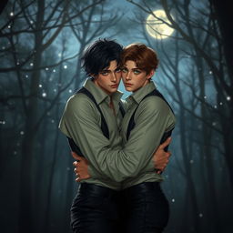 A captivating scene of two entwined boys sharing an intimate moment under a moonlit sky, surrounded by a romantic, dark ambiance