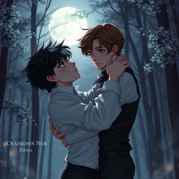 A captivating scene of two entwined boys sharing an intimate moment under a moonlit sky, surrounded by a romantic, dark ambiance