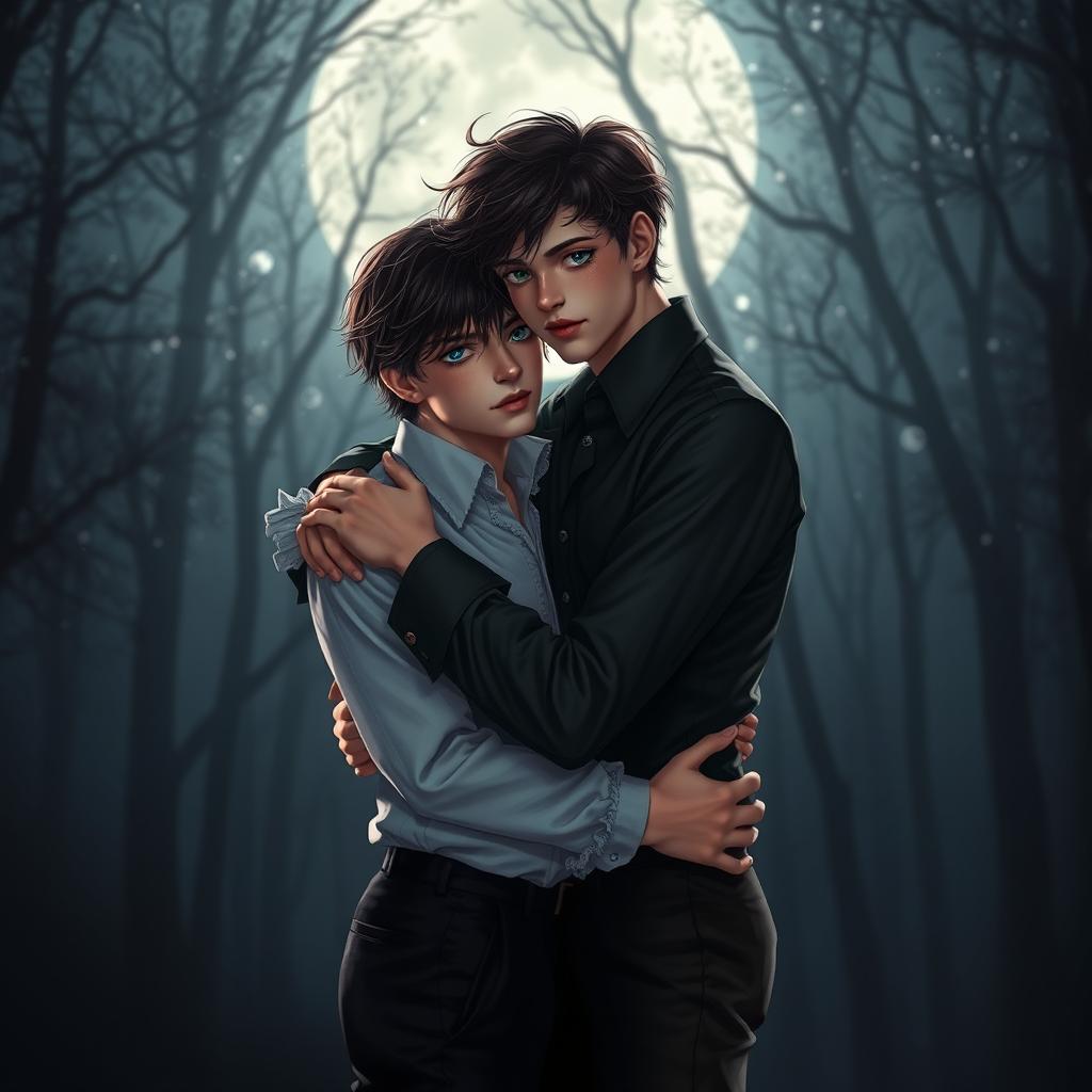 A captivating scene of two entwined boys sharing an intimate moment under a moonlit sky, surrounded by a romantic, dark ambiance