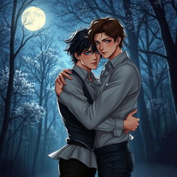 A captivating scene of two entwined boys sharing an intimate moment under a moonlit sky, surrounded by a romantic, dark ambiance