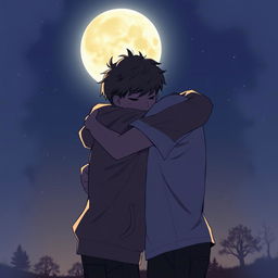 Two boys embracing in a heartfelt hug under a serene night sky, with a large, glowing moon illuminating the scene