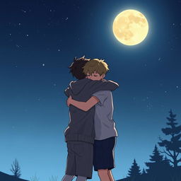Two boys embracing in a heartfelt hug under a serene night sky, with a large, glowing moon illuminating the scene