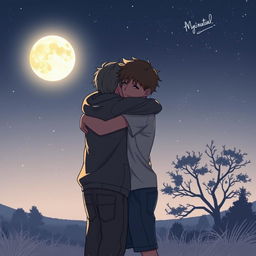 Two boys embracing in a heartfelt hug under a serene night sky, with a large, glowing moon illuminating the scene