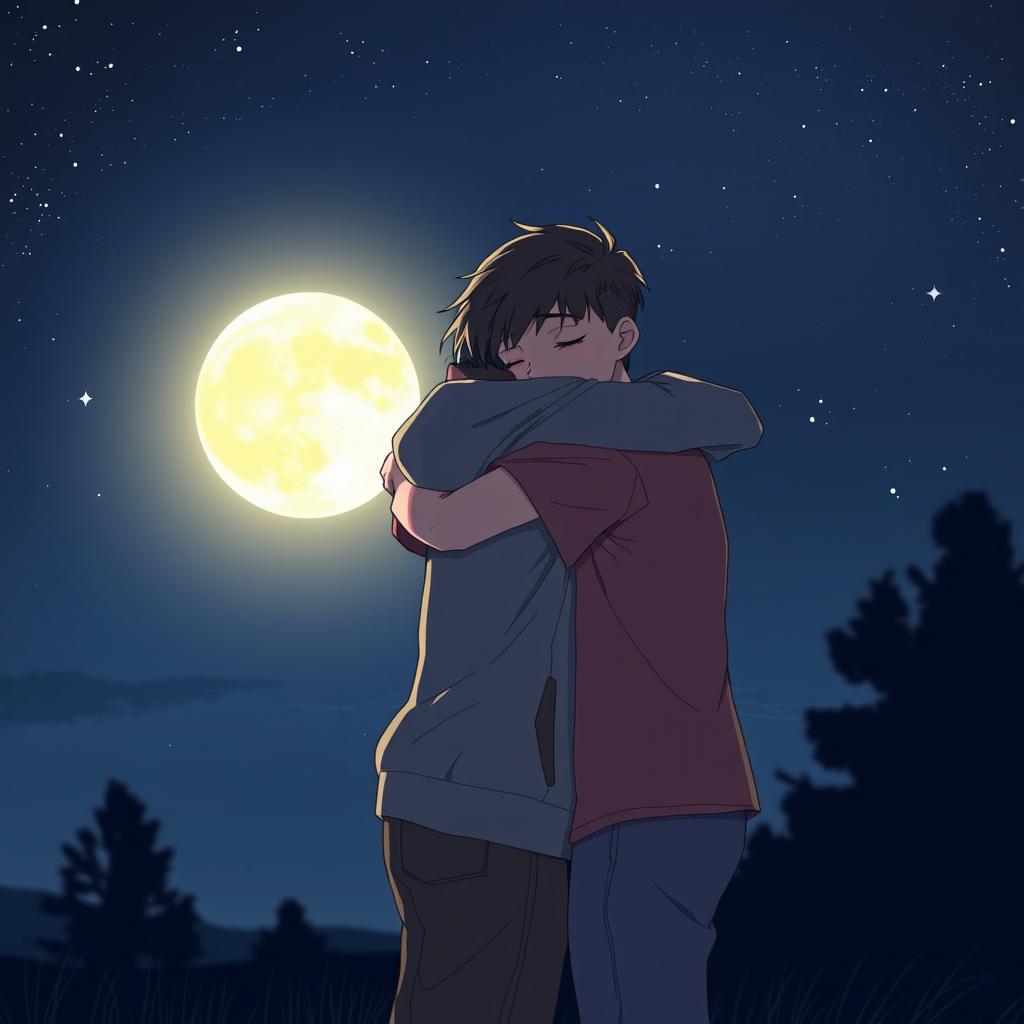 Two boys embracing in a heartfelt hug under a serene night sky, with a large, glowing moon illuminating the scene