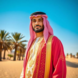 A stunning portrait of a man wearing traditional Saudi Arabian attire, specifically a beautifully embroidered thobe in vibrant colors, paired with a contrasting ghutrah headdress held in place with a black agal
