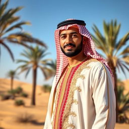 A stunning portrait of a man wearing traditional Saudi Arabian attire, specifically a beautifully embroidered thobe in vibrant colors, paired with a contrasting ghutrah headdress held in place with a black agal