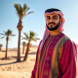 A stunning portrait of a man wearing traditional Saudi Arabian attire, specifically a beautifully embroidered thobe in vibrant colors, paired with a contrasting ghutrah headdress held in place with a black agal