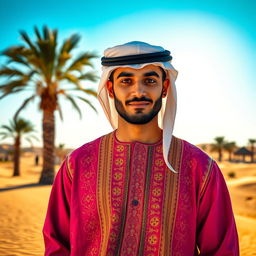 A stunning portrait of a man wearing traditional Saudi Arabian attire, specifically a beautifully embroidered thobe in vibrant colors, paired with a contrasting ghutrah headdress held in place with a black agal
