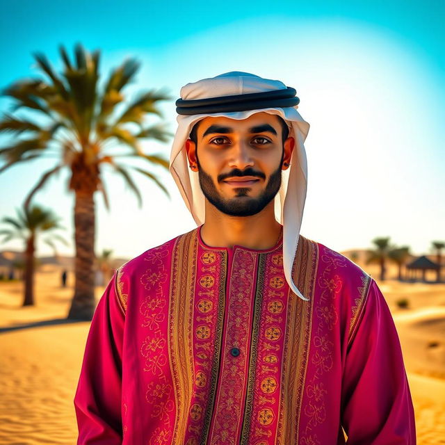 A stunning portrait of a man wearing traditional Saudi Arabian attire, specifically a beautifully embroidered thobe in vibrant colors, paired with a contrasting ghutrah headdress held in place with a black agal