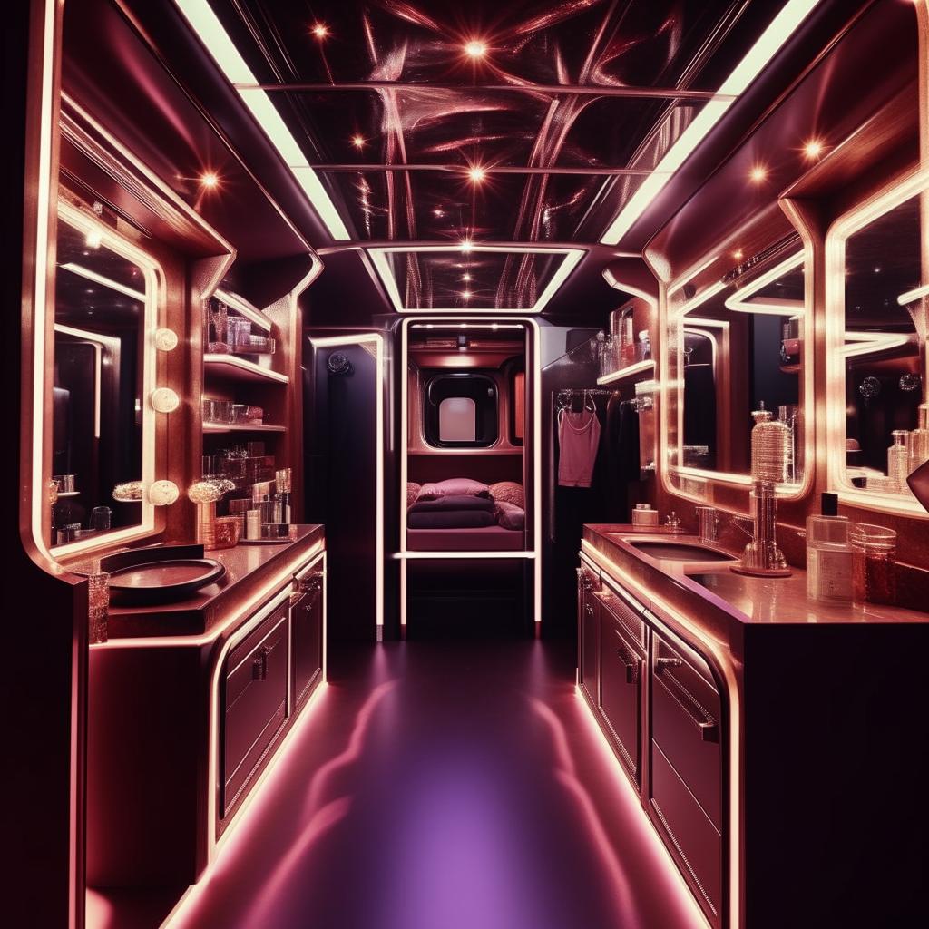 Design a luxurious celebrity vanity van equipped with all the necessary amenities that a star might need on a film set. The layout should be lavish yet practical.