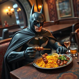 Batman, the iconic dark knight in his classic black and gray costume with a flowing cape, is seated at a richly decorated table in a cozy Middle Eastern restaurant