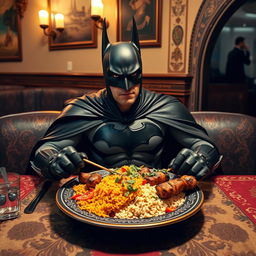 Batman, the iconic dark knight in his classic black and gray costume with a flowing cape, is seated at a richly decorated table in a cozy Middle Eastern restaurant