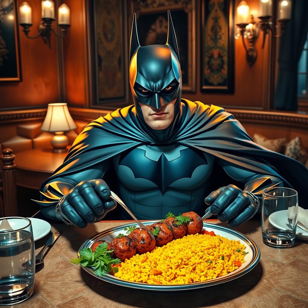 Batman, the iconic dark knight in his classic black and gray costume with a flowing cape, is seated at a richly decorated table in a cozy Middle Eastern restaurant