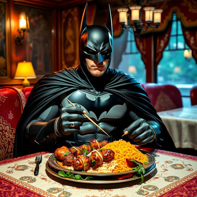 Batman, the iconic dark knight in his classic black and gray costume with a flowing cape, is seated at a richly decorated table in a cozy Middle Eastern restaurant