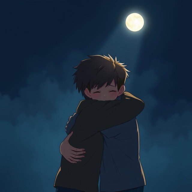 Two boys embracing in a tender hug under the gentle glow of moonlight, surrounded by a serene, dark night sky