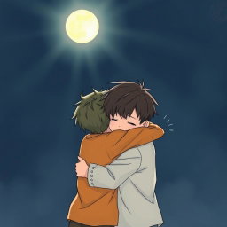 Two boys embracing in a tender hug under the gentle glow of moonlight, surrounded by a serene, dark night sky