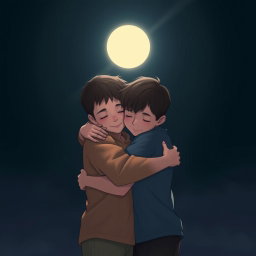 Two boys embracing in a tender hug under the gentle glow of moonlight, surrounded by a serene, dark night sky