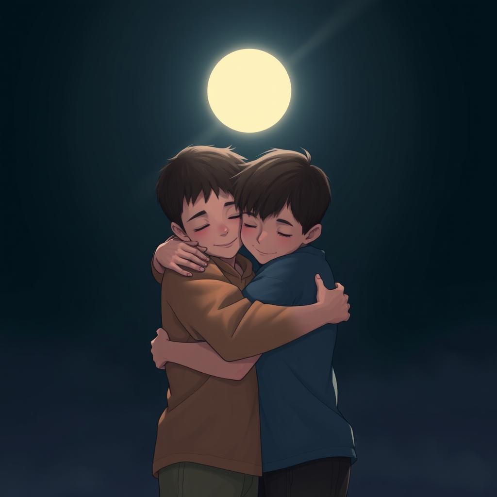Two boys embracing in a tender hug under the gentle glow of moonlight, surrounded by a serene, dark night sky