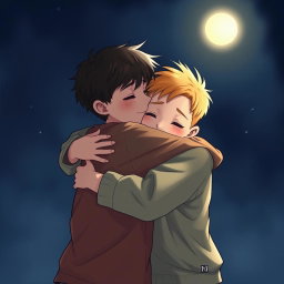 Two boys embracing in a tender hug under the gentle glow of moonlight, surrounded by a serene, dark night sky