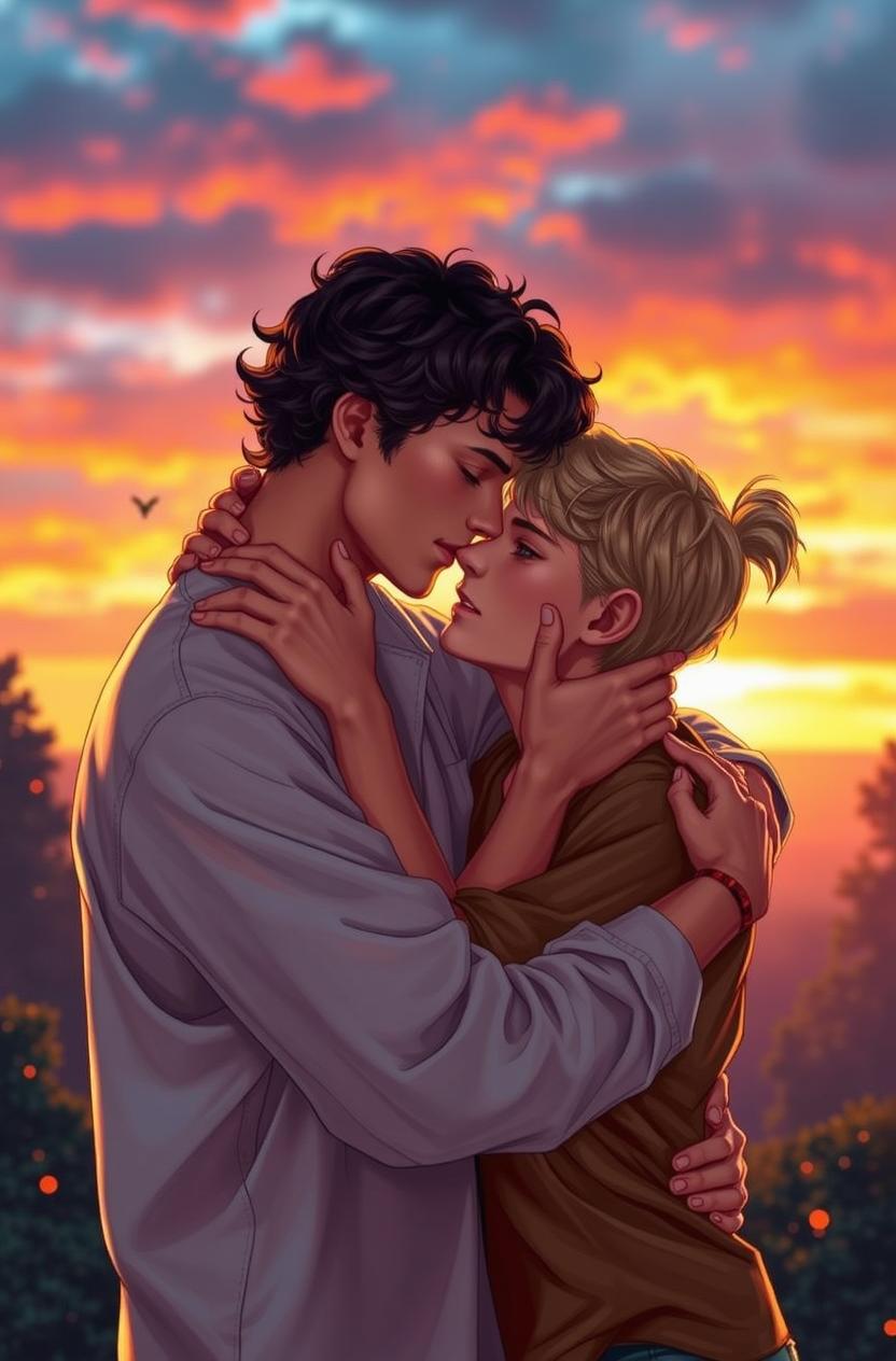 A passionate embrace between two young men during sunset, their faces close together with a backdrop of vibrant orange and pink skies