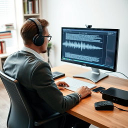 A modern audio transcription service in action, featuring a person sitting at a desk with headphones on, focused intently on a computer screen displaying text being transcribed in real-time