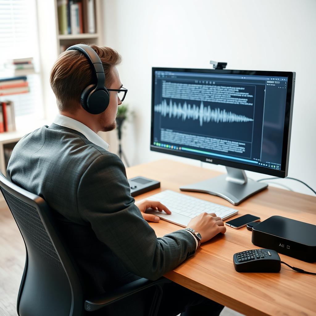 A modern audio transcription service in action, featuring a person sitting at a desk with headphones on, focused intently on a computer screen displaying text being transcribed in real-time
