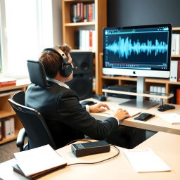 A modern audio transcription service in action, featuring a person sitting at a desk with headphones on, focused intently on a computer screen displaying text being transcribed in real-time