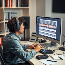 A modern audio transcription service in action, featuring a person sitting at a desk with headphones on, focused intently on a computer screen displaying text being transcribed in real-time