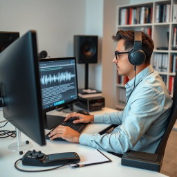 A modern audio transcription service in action, featuring a person sitting at a desk with headphones on, focused intently on a computer screen displaying text being transcribed in real-time