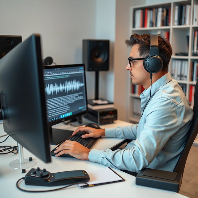 A modern audio transcription service in action, featuring a person sitting at a desk with headphones on, focused intently on a computer screen displaying text being transcribed in real-time