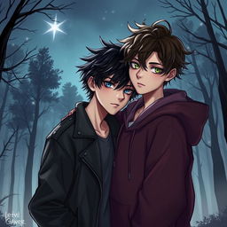 A captivating illustration of a romance between two dark, brooding boys in an atmospheric setting