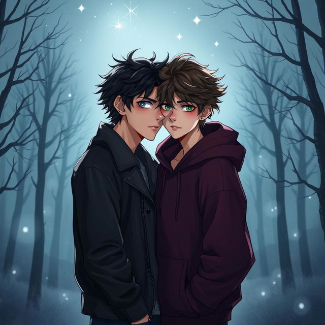 A captivating illustration of a romance between two dark, brooding boys in an atmospheric setting
