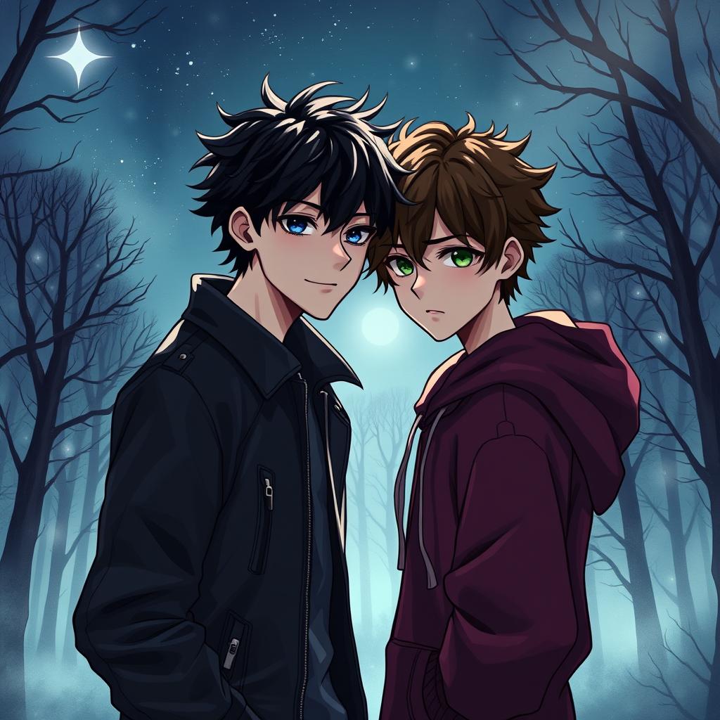 A captivating illustration of a romance between two dark, brooding boys in an atmospheric setting