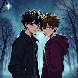 A captivating illustration of a romance between two dark, brooding boys in an atmospheric setting