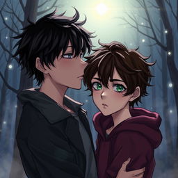 A captivating illustration of a romance between two dark, brooding boys in an atmospheric setting