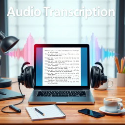 An artistic representation of an audio transcription service, featuring a sleek digital interface displaying transcribed text