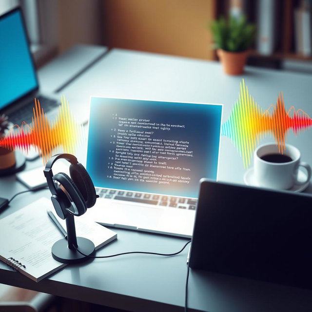 An artistic representation of an audio transcription service, featuring a sleek digital interface displaying transcribed text