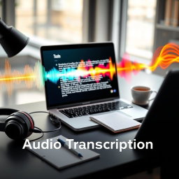 An artistic representation of an audio transcription service, featuring a sleek digital interface displaying transcribed text